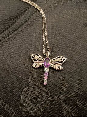 Amethyst Dragonfly Pendant Necklace - Sterling Silver With 16” Chain